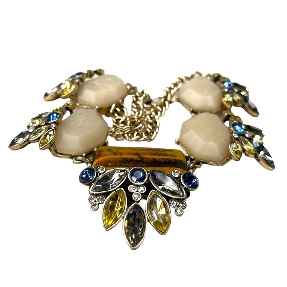 Statement Necklace Faux Stone, Tiger Eye and Rhinestones With Gold Tone Chain - Picture 7 of 9